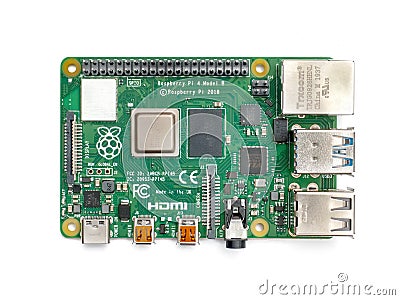 Galati, ROMANIA - March 20, 2020: Close-up of a Raspberry Pi 4 Model-B. The Raspberry Pi is a credit-card-sized single-board Editorial Stock Photo