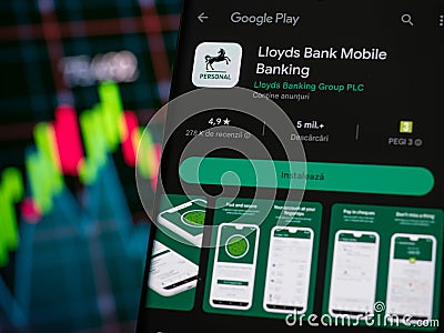 Galati, Romania - March 30, 2023: Lloyd Bank smartphone app Stock: Navigating the Market's Highs and Lows Editorial Stock Photo