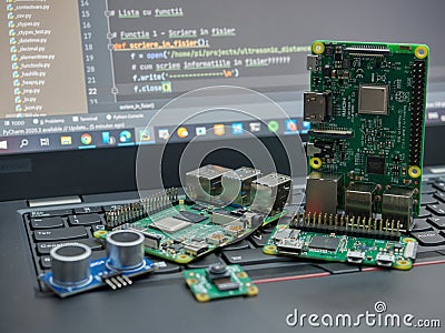 Galati, ROMANIA - November 02, 2020: Close-up of Raspberry Pi 4 Model-B, Raspberry Pi 3 Model-B and Raspberry Pi Zero W on a Editorial Stock Photo