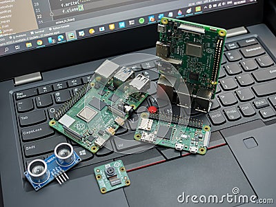 Galati, ROMANIA - November 02, 2020: Close-up of Raspberry Pi 4 Model-B, Raspberry Pi 3 Model-B and Raspberry Pi Zero W on a Editorial Stock Photo