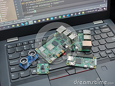Galati, ROMANIA - November 02, 2020: Close-up of Raspberry Pi 4 Model-B, Raspberry Pi 3 Model-B and Raspberry Pi Zero W on a Editorial Stock Photo