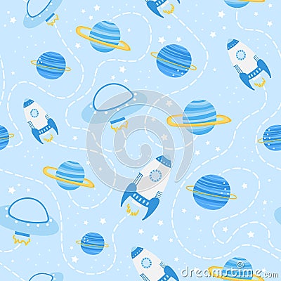 Galaxy adventure in space with spaceships and ufo seamlesss pattern on light blue background in cartoon style for kids Vector Illustration