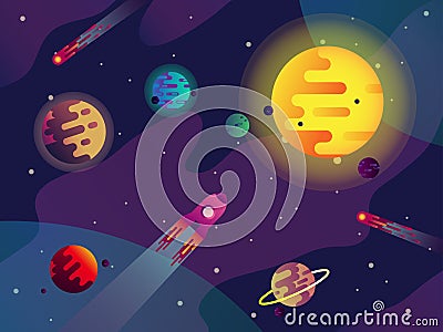 Galaxy or cosmos, sun, planets, spaceship, comets Vector Illustration