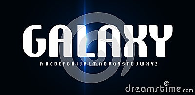 Galaxy font, high minimal rounded alphabet with glowing flare. Futuristic elegant letters for science fiction cinema Vector Illustration