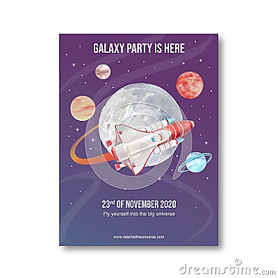 Galaxy poster design with Saturn, moon, rocket, Venus illustration watercolor Vector Illustration