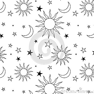 Galaxy seamless hand drawn pattern design with zodiac elements. Sun, moon and stars Vector Illustration