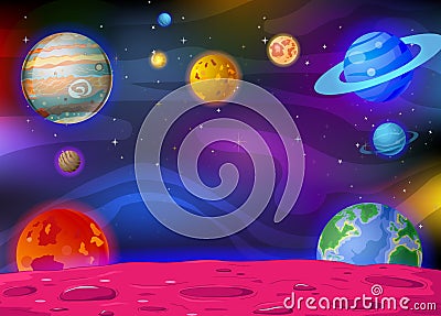 Galaxy Space View With Planets and Stars in Background Cartoon Stock Photo