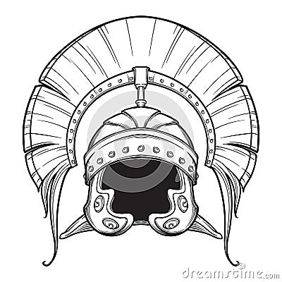 Galea. Roman Imperial helmet with crest tipically worn by centurion. Front view. Heraldry element. Black a nd white Vector Illustration