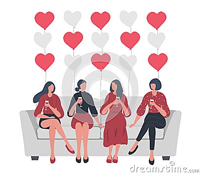 Galentines day. Slumber party. Four young women are sitting on the sofa and drinking wine Vector Illustration