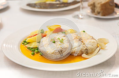 Galician Hake is a popular dish from North West Spain noted for its fresh fish and seafood Stock Photo