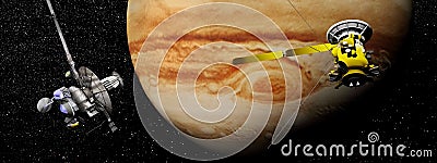 Galileo and Cassini spacecraft next to Jupiter - 3D render Stock Photo