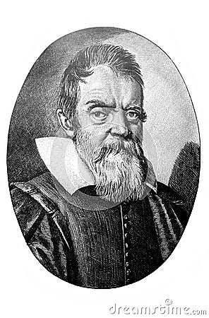 Galileo Galilei was an astronomer, physicist and engineer in the old book the People`s encyclopedia, by I.D. Sytina, 1912, Moscow Stock Photo