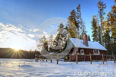 Gallatin National forest cabin sunset Stock Photo