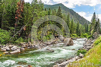 The Gallatin River Flowing Through the Mountains of Montana Stock Photo