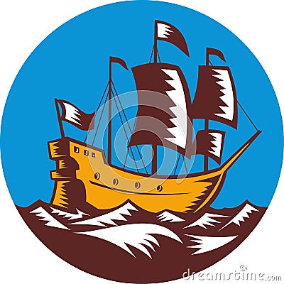 Galleon ship sailing woodcut Stock Photo