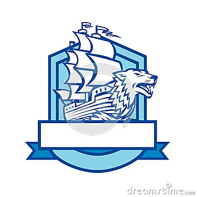 Galleon With Wolf on Bow Crest Retro Cartoon Illustration