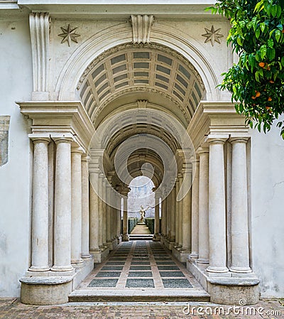 The forced perspective gallery by Francesco Borromini in Palazzo Spada, in Rome, Italy. Stock Photo