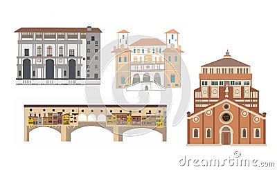 Gallery and Church, museums of Italy - Rome, Milan and Florence. Colorful illustration. Cartoon Illustration