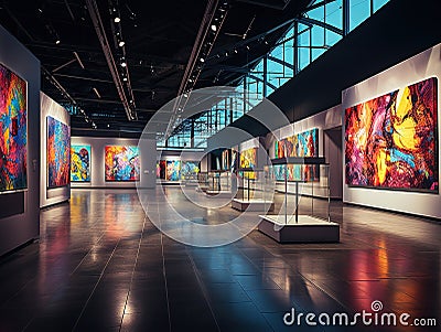 Gallery of Contemporary Masterpieces: Museum Hall Adorned with Modern Paintings and Sculptures Stock Photo