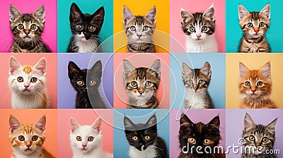 Gallery of Diverse Cat Breeds Against Colorful Backdrops. Stock Photo