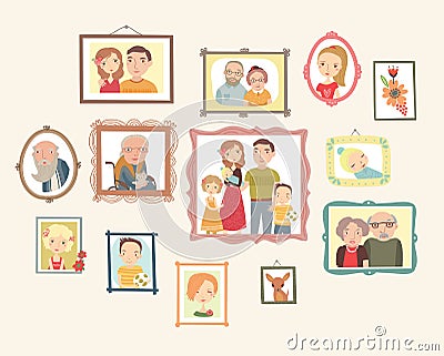 Gallery of family portraits. Photos on the wall Vector Illustration