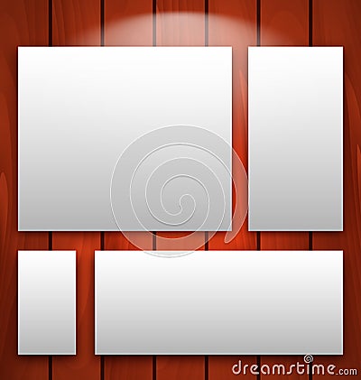 Gallery interior with empty frames on wooden wall with light Vector Illustration