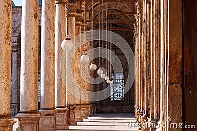 Gallery of Mohammad Ali mosque in Cairo, architecture details, column and lamps Stock Photo
