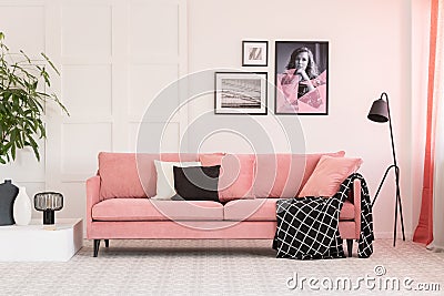 Gallery of posters on wall in fashionable living room interior with pink couch and industrial lamp Stock Photo