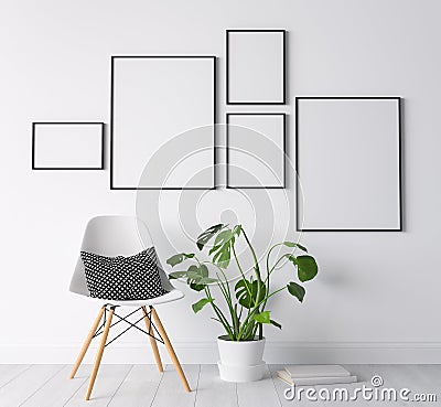 Gallery wall mockup in minimal living room design, white chair on modern background Stock Photo