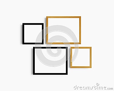 Gallery wall mockup set, 4 black and yellow oak frames. Clean, modern, and minimalist frame mockup. Stock Photo