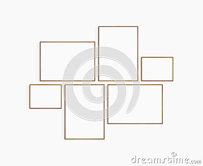 Gallery wall mockup. Set of 6 cherry wood frames. Gallery wall frame mockup. Stock Photo