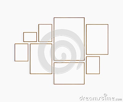 Gallery wall mockup. Set of 8 cherry wood frames. Gallery wall frame mockup. Stock Photo