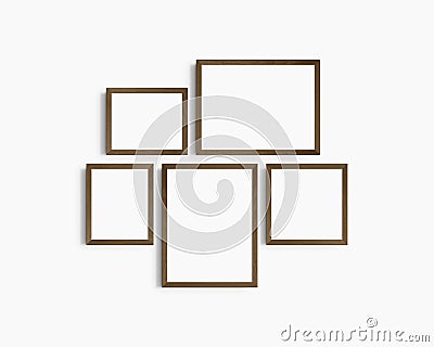 Gallery wall mockup set, 5 dark brown walnut wood frames. Clean, modern, and minimalist frame mockup. Stock Photo
