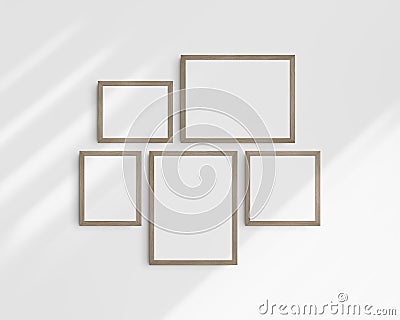 Gallery wall mockup set, 5 natural wood frames. Clean, modern, and minimalist frame mockup. Stock Photo