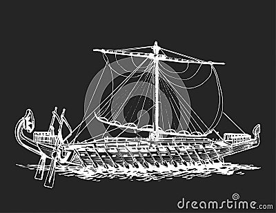 Galley of the ancient Greeks. Wooden sailboat with oars. Graphic hand drawing. Vector Vector Illustration