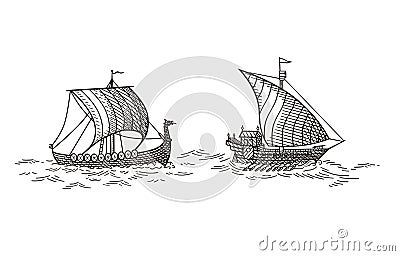 Galley and Drakkar Ships Vector Illustration