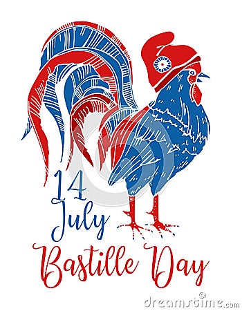 Gallic rooster in phrygian cap. Bastille Day design template Vector Illustration