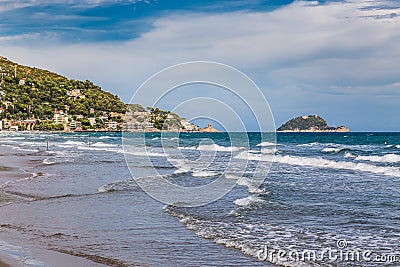 Gallinara Island and Town of Alassio in Italy Stock Photo