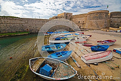 Panorama of the historic center of the ancient city of Gallipoli to the south of Puglia. The castle Editorial Stock Photo