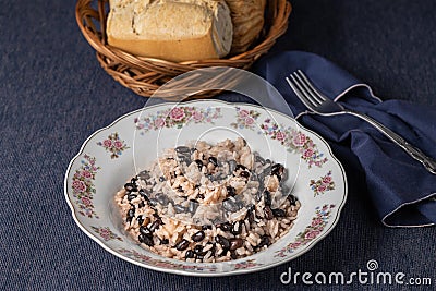 Gallo pinto, traditional Costa Rican food on tablecloth Stock Photo