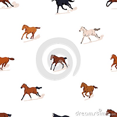 Galloping horses, seamless equine pattern. Endless background, texture design with running rushing tiny stallions Vector Illustration