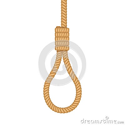 Gallows Rope loop hanging isolated on white background. Old rope with hangman`s noose. Vector Vector Illustration