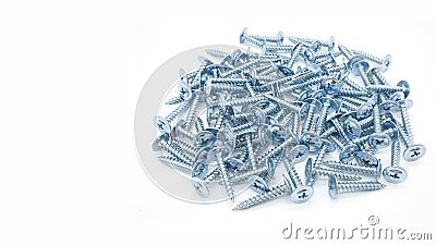 Galvanized self tapping screws with a semicircular head and a cross shaped slot and a press washer on a white background Stock Photo