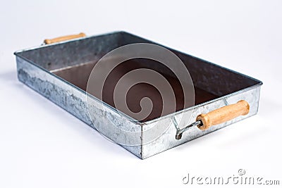 Galvanized Tin Box with Wooden Handles on White perspec Stock Photo
