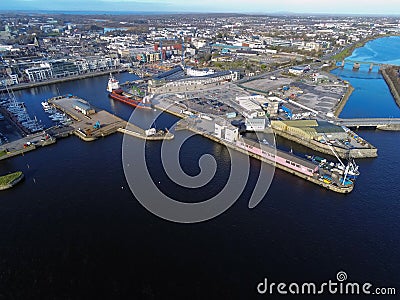 Galway city, Ireland - 02/05/2020: Aerial view on the Galway city commercial port Editorial Stock Photo