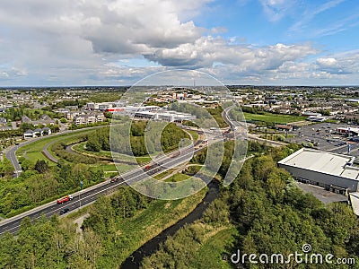 Galway, Ireland - 04/27/2020: Light traffic on N6 road, Aerial view. Warm sunny day. Editorial Stock Photo