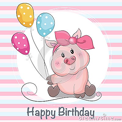 Greeting card cute cartoon piggy girl with ballons Vector Illustration