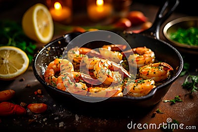 Gambas al Ajillo - Garlic shrimp cooked in olive oil with chili flakes Stock Photo