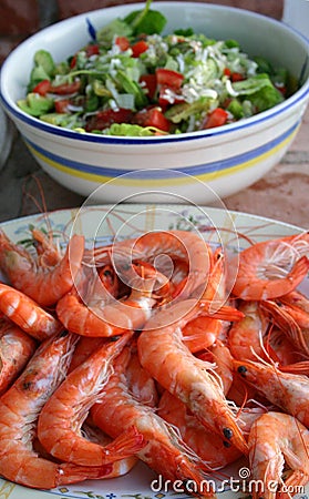 Gambas and salad Stock Photo
