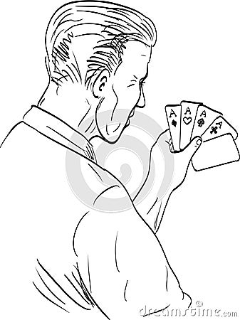 Gambler Holding Deck of Cards Rear View Drawing Cartoon Illustration